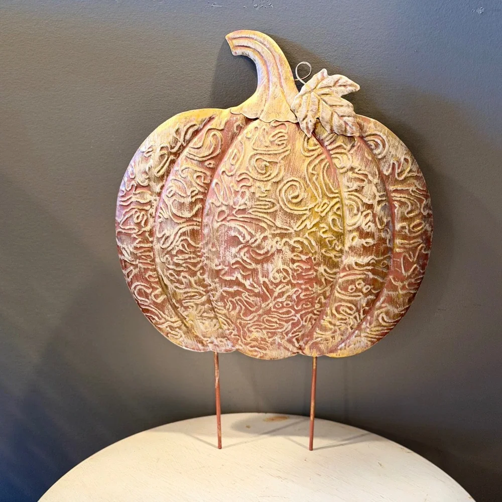 Metal Pumpkin Yard Stake Hello Fall Sunflower Leaf Outdoor Fall Decor - Picture 2 of 7